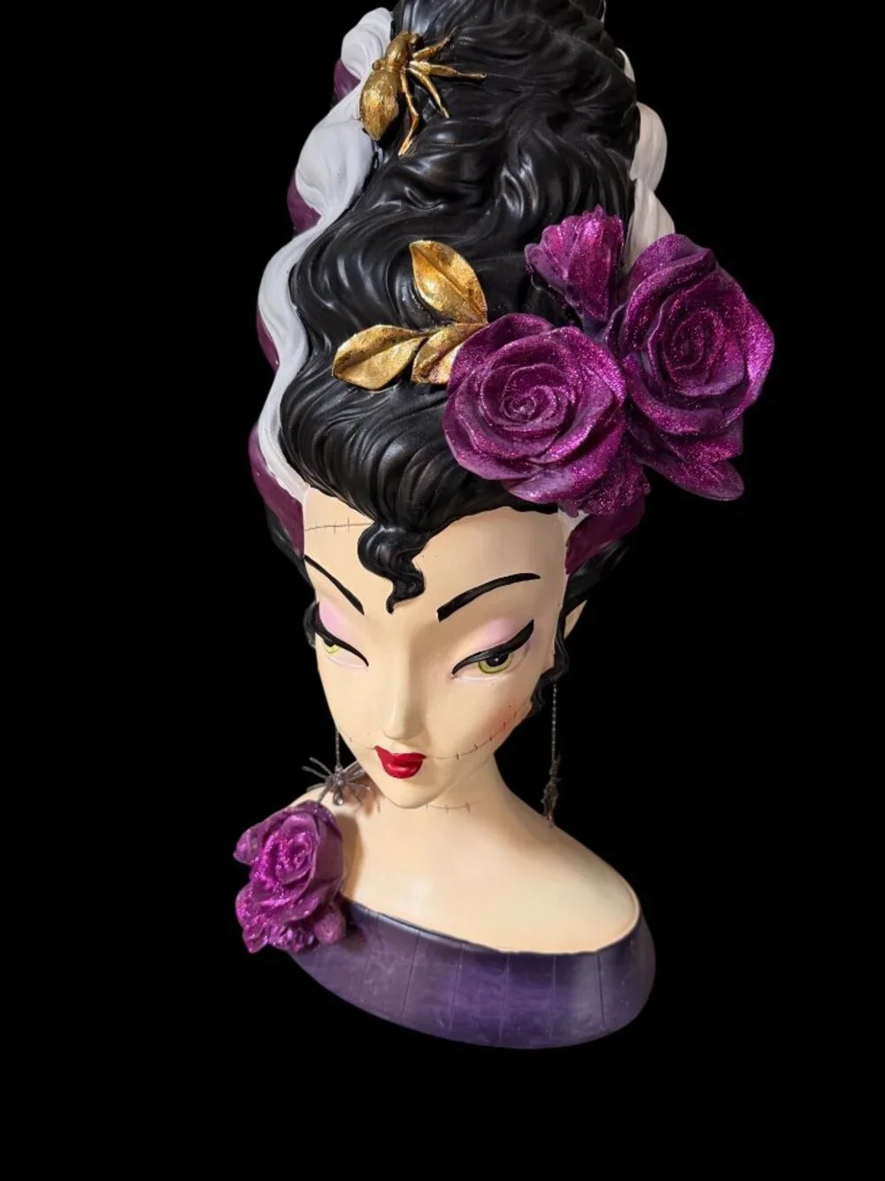 Viral Halloween Bella Lux Bride of Frankenstein Bust Spider Purple Flowers Retro